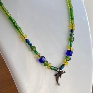 Vintage crystal Green and Blue Beaded 925 sterling Necklace with Dolphin Pendant